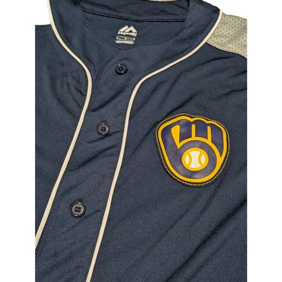 Milwaukee Brewers Jersey MLB Majestic Size Medium L Blue Gray White Official - Picture 2 of 4